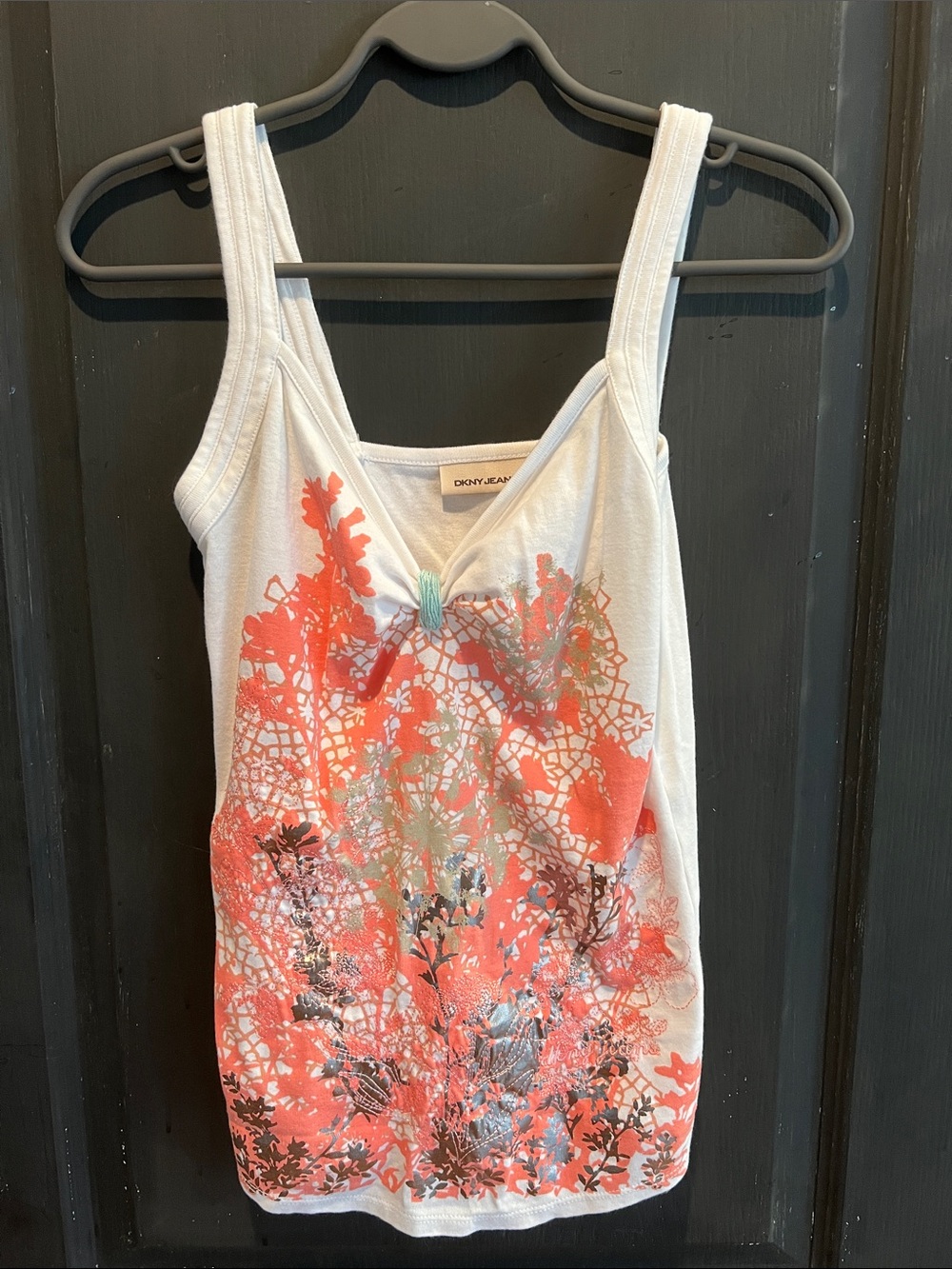 Dkny White Tank with Coral Floral Print